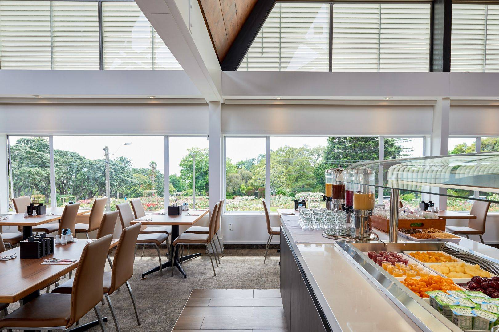 Restaurant and buffet looking out at rose garden.